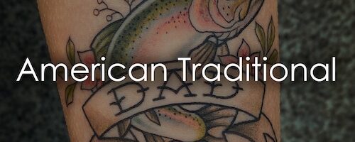 American Traditional style tattoo of a colorful fish with a ribbon/banner on the skin.