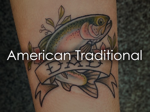 American Traditional style tattoo of a colorful fish with a ribbon/banner on the skin.
