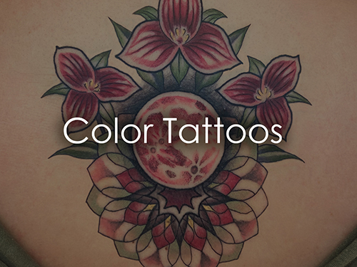 Tattoo design featuring pink-red flowers around a circular central mandala on skin with the words 'Color Tattoos' overlaid