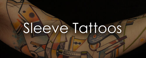 Close-up of a forearm with a colorful tattoo sleeve of abstract shapes on a dark background; overlay text reads 'Sleeve Tattoos'.