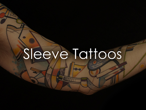Img_Flip_Sleeve small Close-up of a forearm with a colorful tattoo sleeve of abstract shapes on a dark background; overlay text reads 'Sleeve Tattoos'.