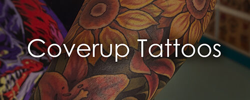 Colorful sunflower coverup tattoo on an arm with the words 'Coverup Tattoos' overlaid.