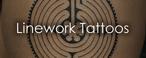 Circular maze linework tattoo design on skin with 'Linework Tattoos' overlay text.