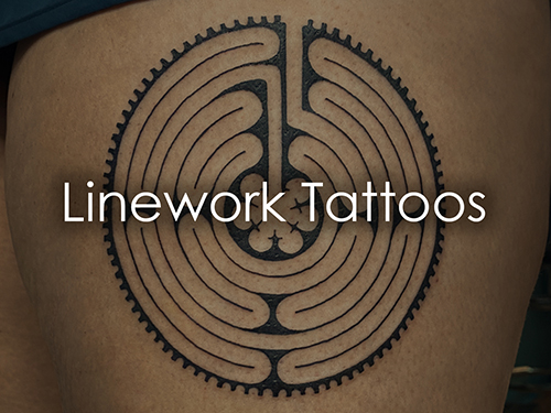 Circular maze linework tattoo design on skin with 'Linework Tattoos' overlay text.